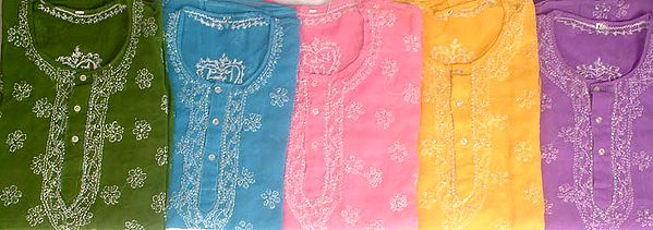 Lot of Five Kurti Tops with Chikan Embroidery