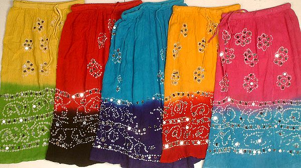 Lot of Five Short Bandhani Skirts with Large Sequins