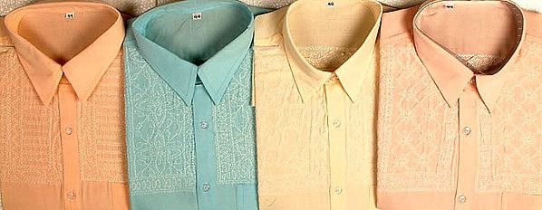 Lot of Four Men's Shirts with Lukhnavi Chikan Embroidery