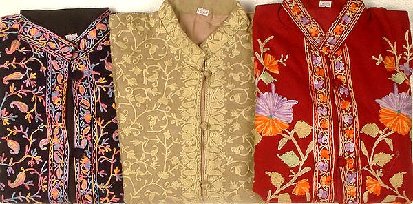 Lot of Kashmiri Three Jackets with All-Over Aari Embroidery