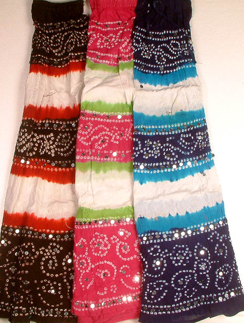 Lot of Three Batik Dyed Bandhani Skirts with Large Sequins