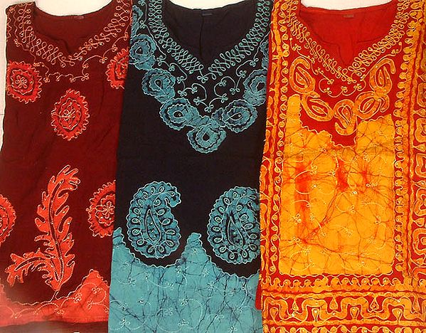 Lot of Three Batik Kurti Tops with Sequins and Threadwork