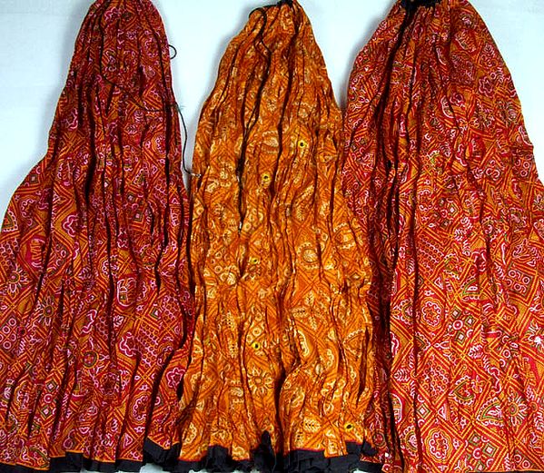 Lot of Three Ghagra Skirts with Chunri Print and Mirrors