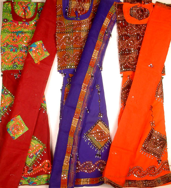 Lot of Three Rajasthani Lehenga Cholis with Threadwork and Sequins