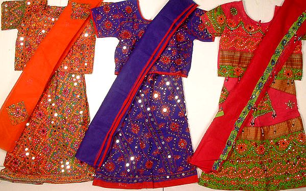 Lot of Three Rajasthani Lehenga Cholis with Threadwork and Sequins