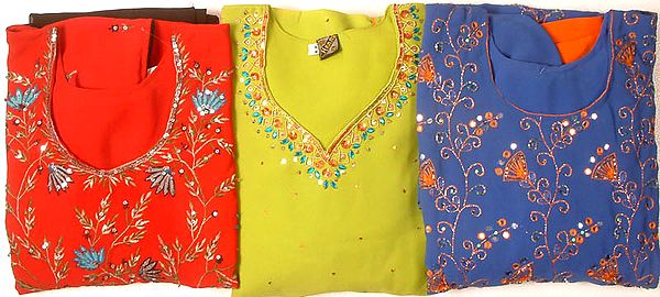 Lot of Three Salwar Kameez Suits with Sequins and Threadwork