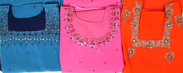 Lot of Three Salwar Kameez Suits with Threadwork and Sequins