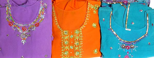 Lot of Three Salwar Kameez Suits with Threadwork and Sequins