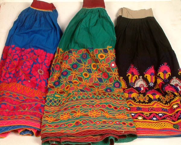 Lot of Three Skirts with Antique Kutchh Embroidery