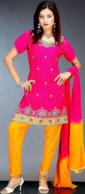 Magenta and Amber Choodidaar Suit with Sequins and Beads