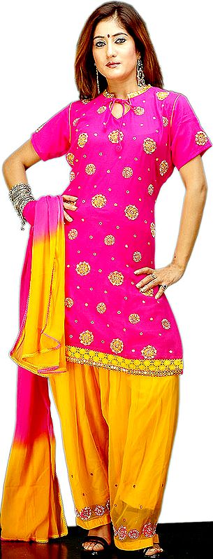 Magenta and Amber Patiala Salwar Suit with Mirrors and Beads