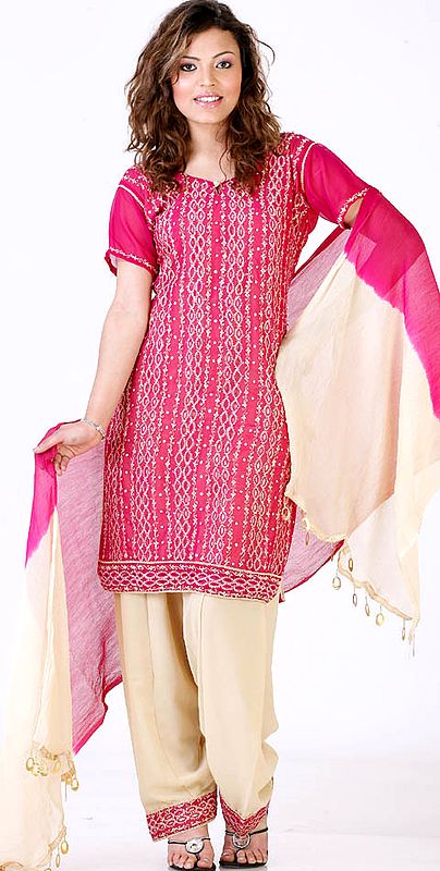 Magenta and Fawn Salwar Kameez with All-Over Embroidery and Sequins