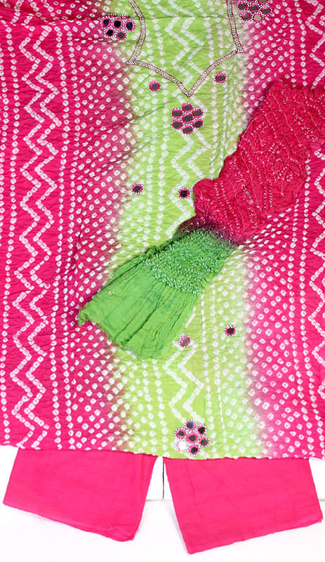 Magenta and Green Bandhani Suit from Gujarat with Mirrors