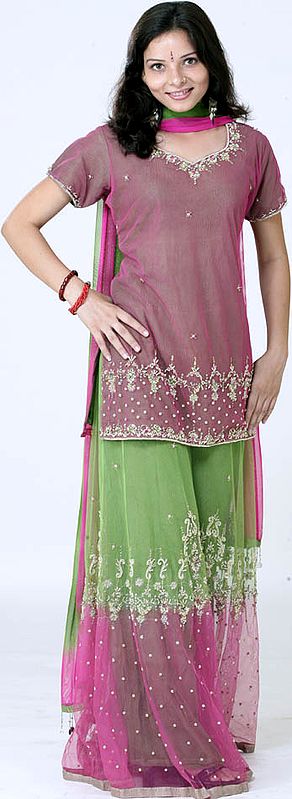 Magenta and Green Sharara Suit with Beadwork and Embroidery