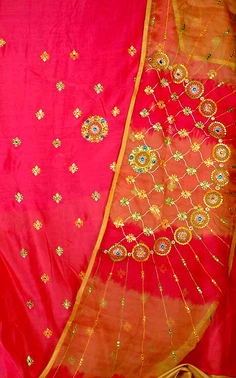 Magenta and Khaki Suit with Embroidery on Kameez and Dupatta