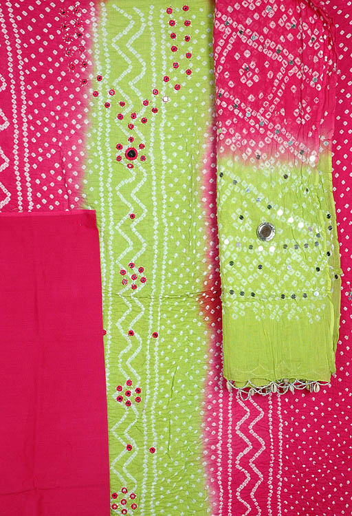 Magenta and Lime Bandhani Suit from Gujarat