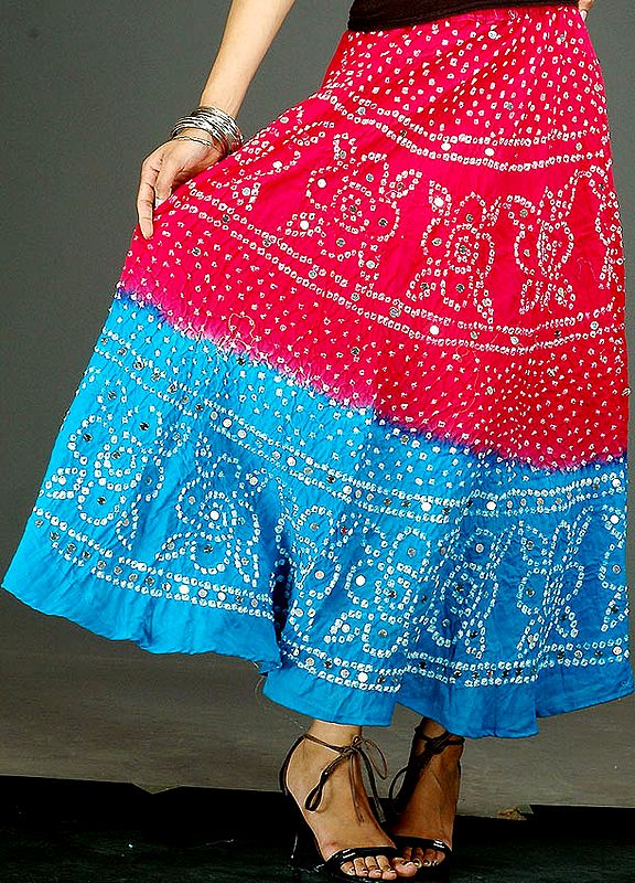 Magenta and Turquoise Bandhani Skirt with Large Sequins