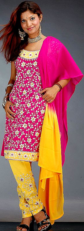 Magenta and Yellow Choodidaar Floral Suit with Beads and Threadwork