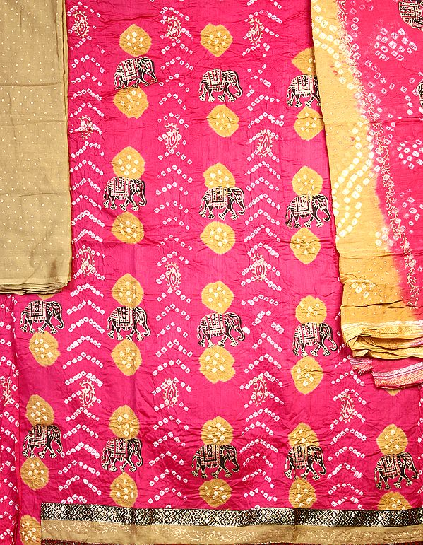 Magenta Bandhani Salwar Kameez Suit from Gujarat with Elephant in Patch and Print