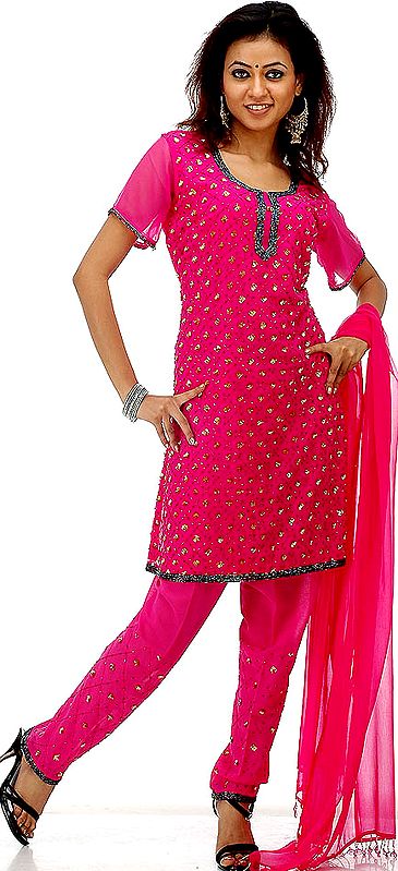 Magenta Choodidaar Suit with Beads and Sequins