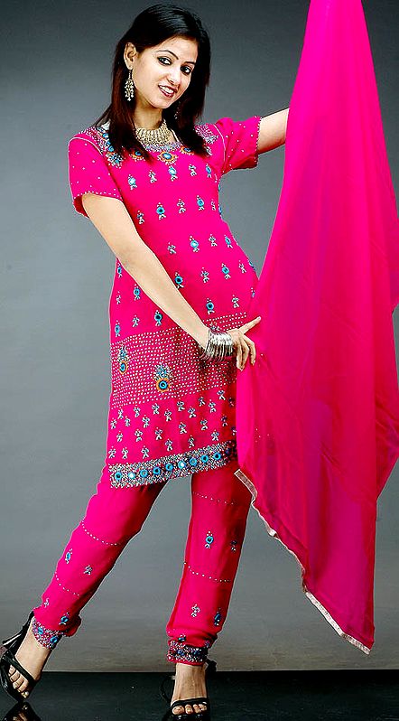 Magenta Choodidaar Suit with Mirrors and Embroidery