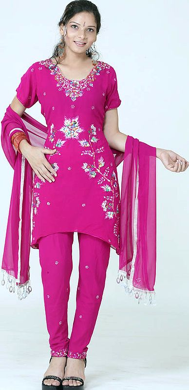Magenta Choodidaar Suit with Multi-Color Sequins and Beads