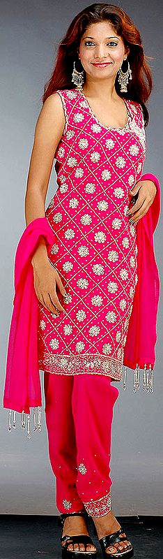 Magenta Choodidaar Suit with Sequins and Beads