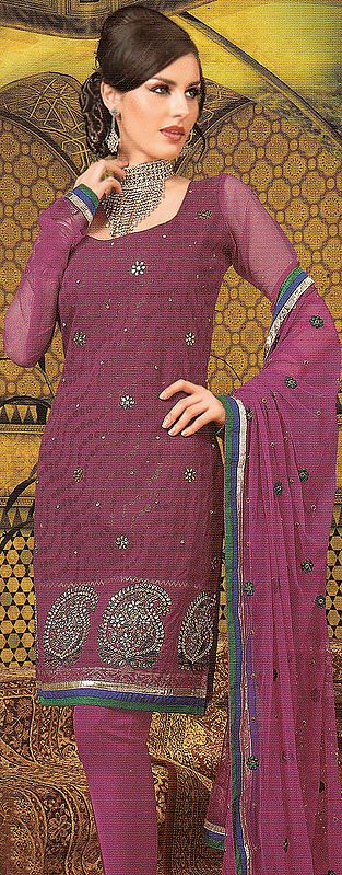 Magenta Designer Choodidaar Suit with Crystals, Bead Work and Patch Border