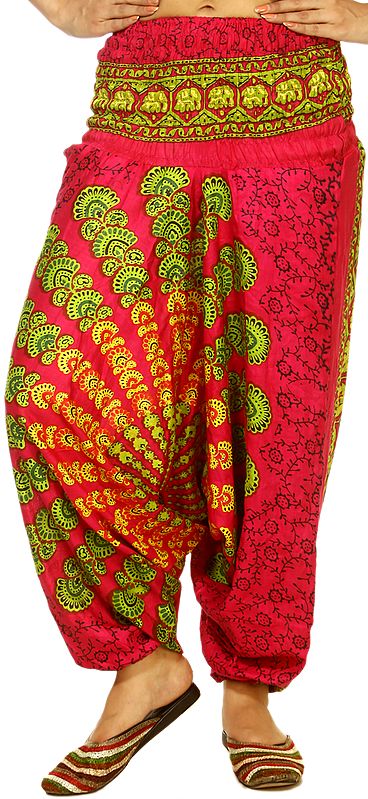 Magenta Harem Trousers with Printed Motifs