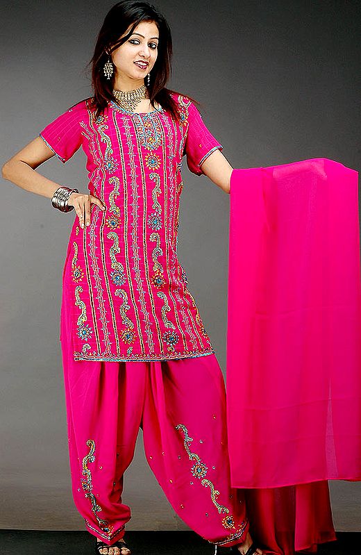Magenta Patiala Salwar Suit with Beads and Threadwork