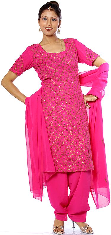 Magenta Salwar Kameez Suit with All-Over Embroidery in Golden Thread