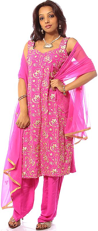 Magenta Salwar Kameez with All-Over Crewel Embroidery and Beads
