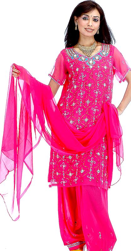 Magenta Salwar Kameez with All-Over Sequins and Beads