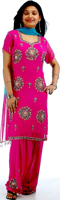 Magenta Salwar Kameez with Sequins and Beads All-Over
