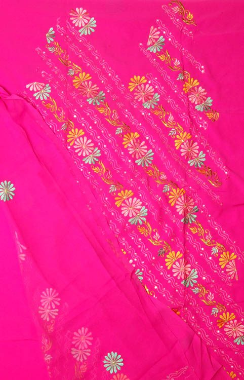 Magenta Salwar Suit Fabric with Diagonal Embroidered Flowers