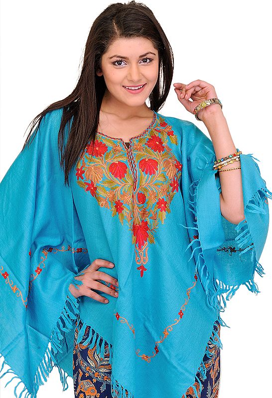 Mailbu-Blue Kashmiri Poncho with Aari Embroidered Flowers by Hand