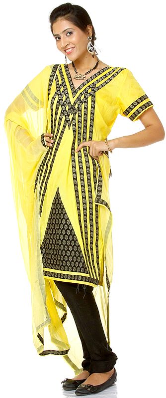 Maize-Yellow and Black Choodidaar Salwar Suit with Self Weave