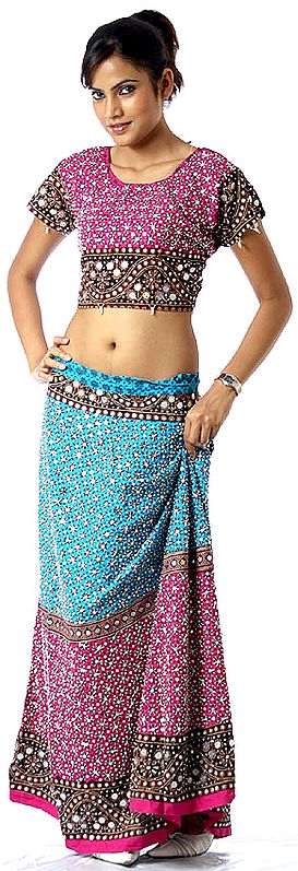 Magenta and Turquoise Two-Piece Lehenga Choli from Kutch with Sequins and Beads