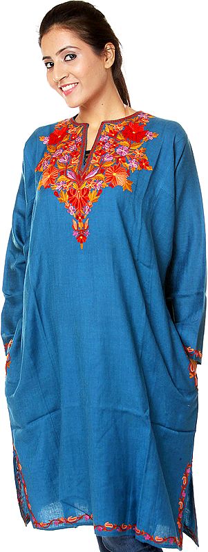 Mallard-Blue Kashmiri Phiran with Hand-Embroidery on Neck
