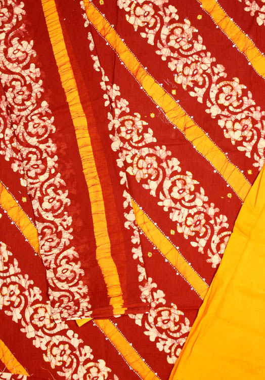 Maroon and Amber Batik Salwar Kameez Fabric with Sequins and Kantha Stitch