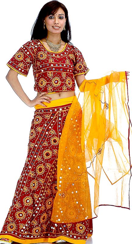 Maroon and Amber Lehenga Choli from Gujarat with Large Sequins