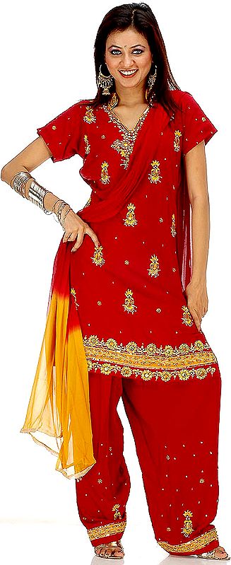 Maroon and Amber Salwar Kameez with Beads and Large Crystals
