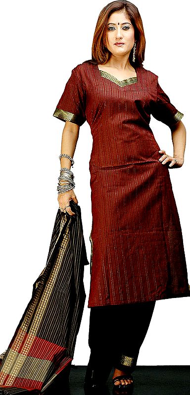 Maroon and Black Coimbatore Cotton Suit with Zari Border