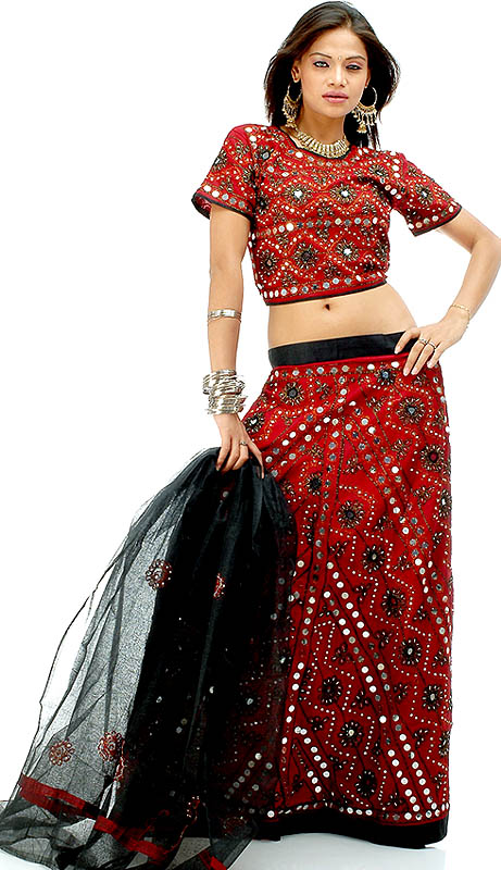 Maroon and Black Lehenga Choli from Gujarat with Mirrors and Sequins
