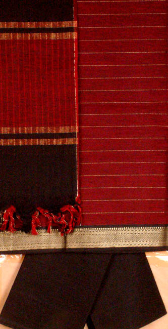 Maroon and Black South Cotton Suit with Golden Thread Work