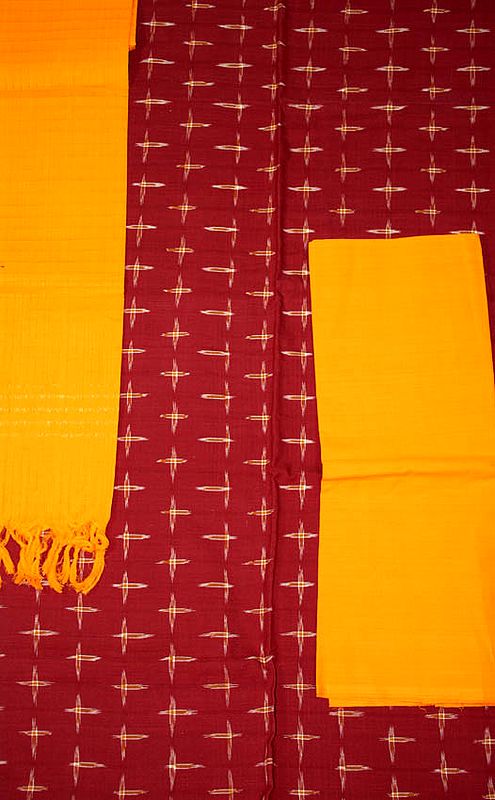Maroon and Orange Salwar Kameez Fabric with Ikat Weave