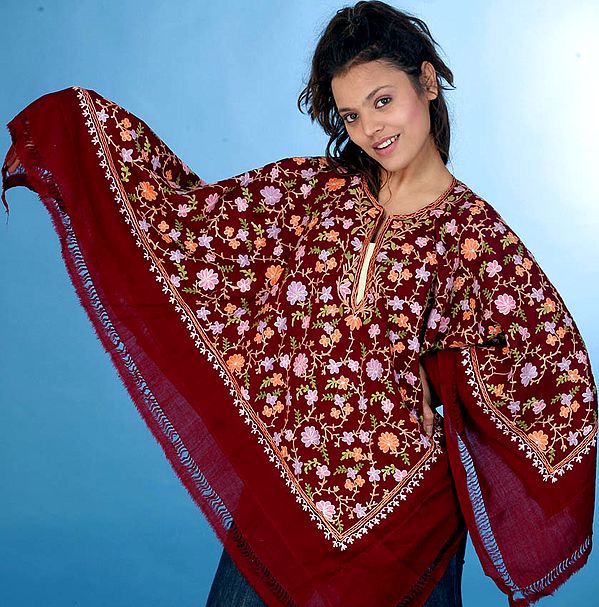 Maroon Floral Poncho with Aari Embroidery