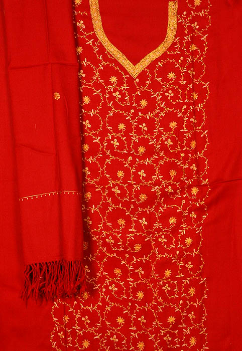 Maroon Hand-Embroidered Suit from Kashmir with Shawl