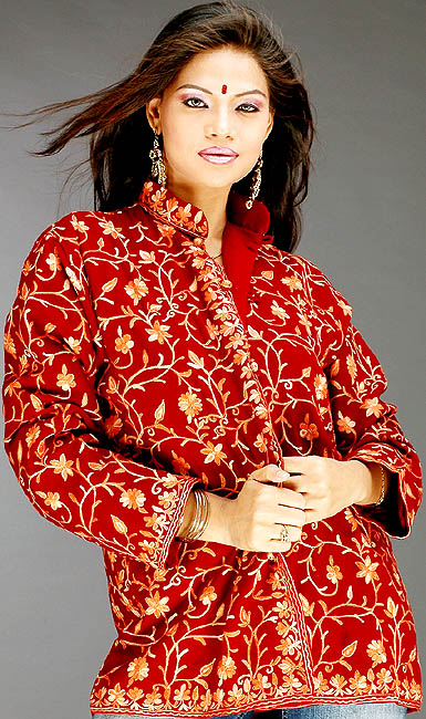 Maroon Jacket from Kashmir with All-Over Aari Embroidery
