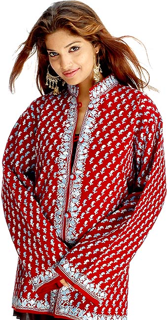 Maroon Jacket from Kashmir with All-Over Paisley Embroidery
